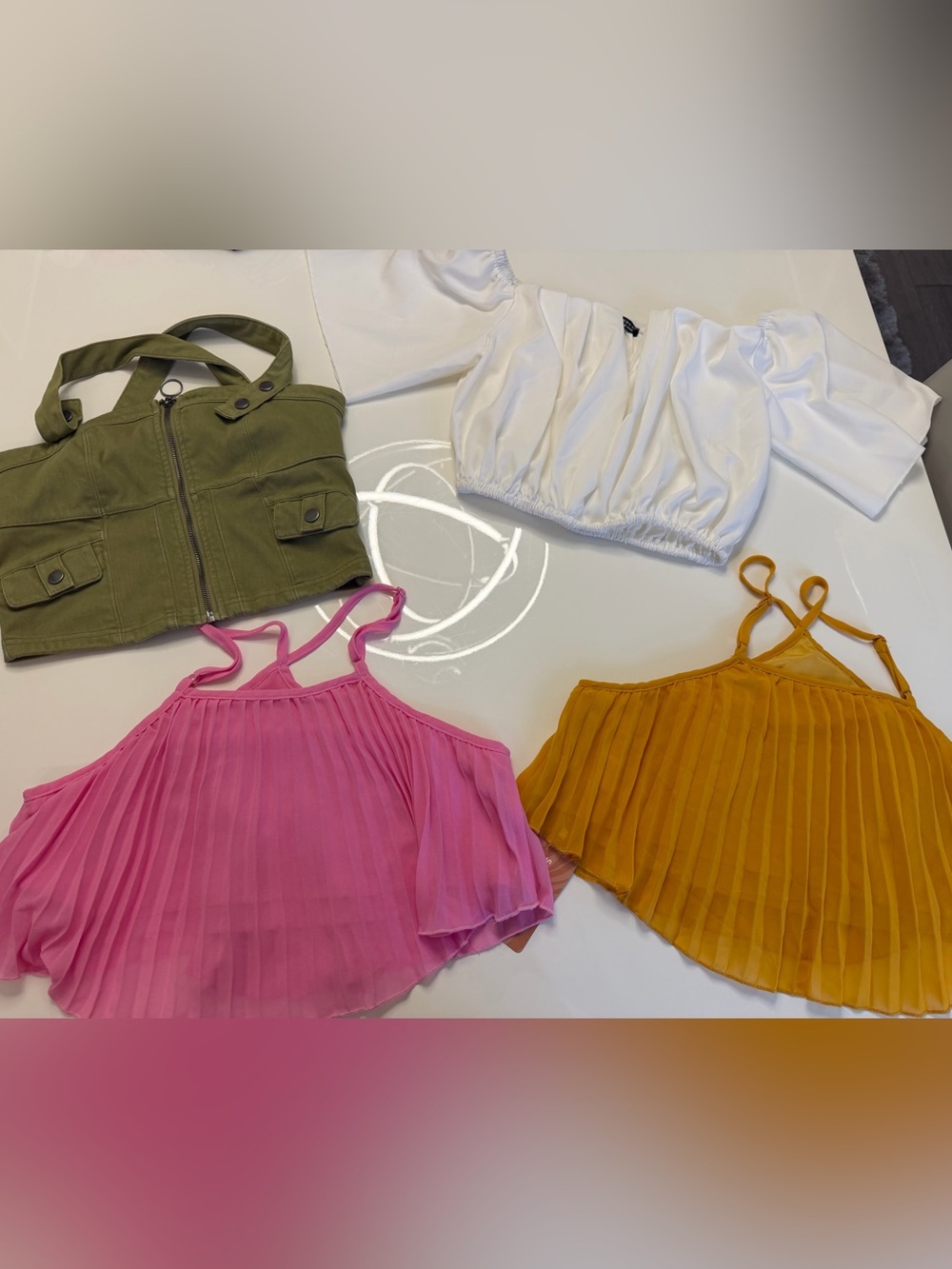 Set of 4 hot pink, mustard yellow, olive green and white blouses.